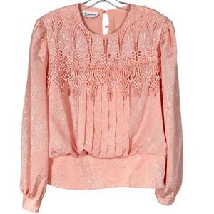 Vintage 80s In the Mood Blouse 16 Peach Crochet Lace Collar Pleated Long Sleeve